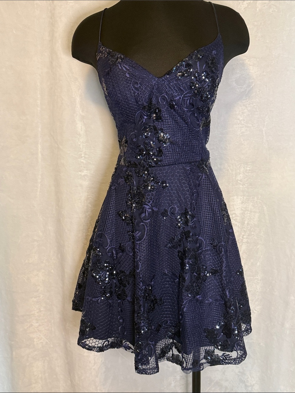 Navy Blue Sequin Floral Party Dress
